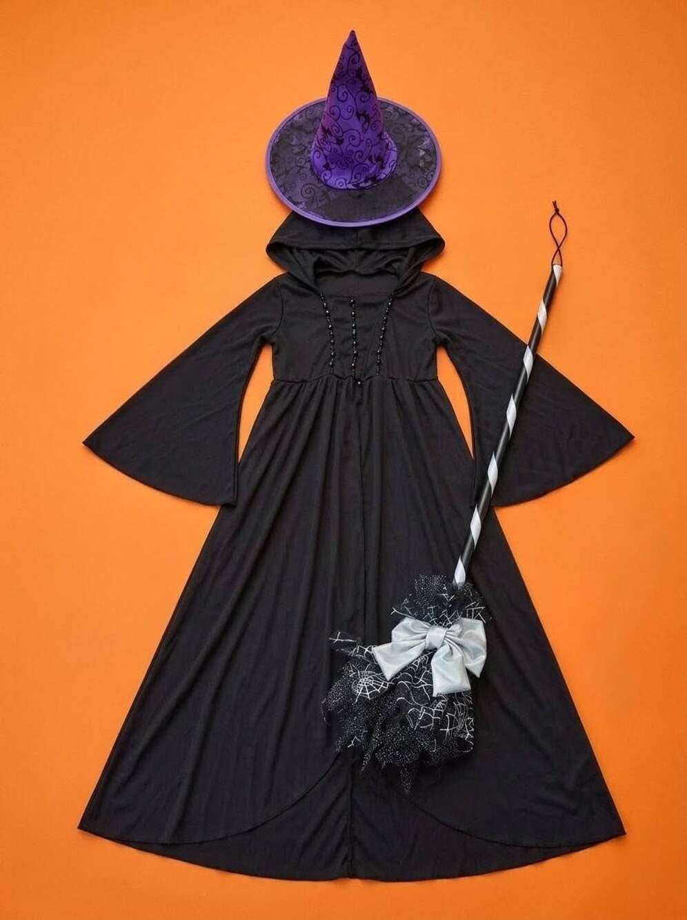 Witch Costume Set with Hooded Dress, Hat, and Broomstick